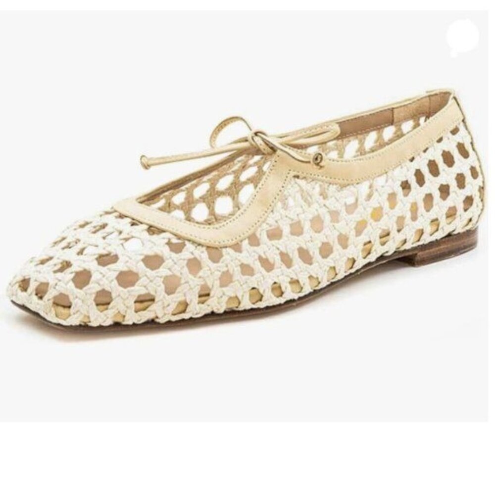 Woven Cream Leather-Trim Ballet Flat Sandals